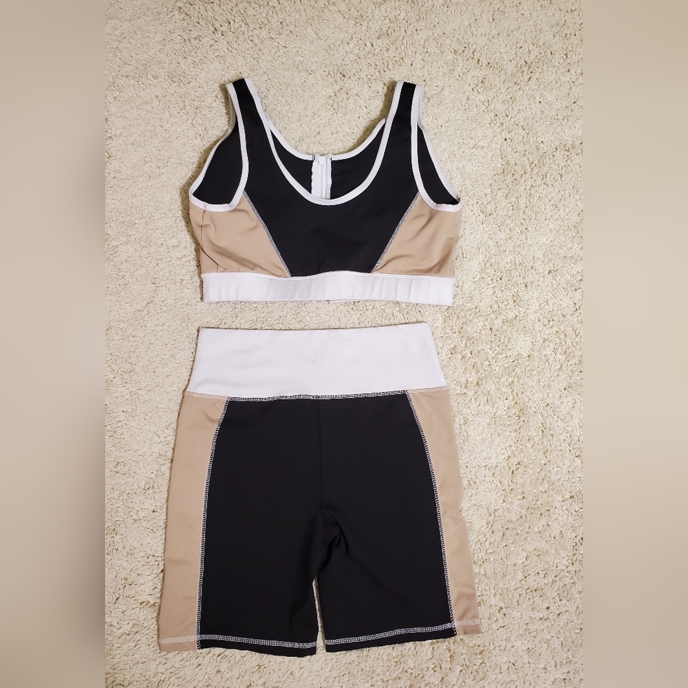 CALI SPORT Women Shorts Sports Bra Top Black Tan White 2pc Gym Outfit Athletic - Picture 2 of 16